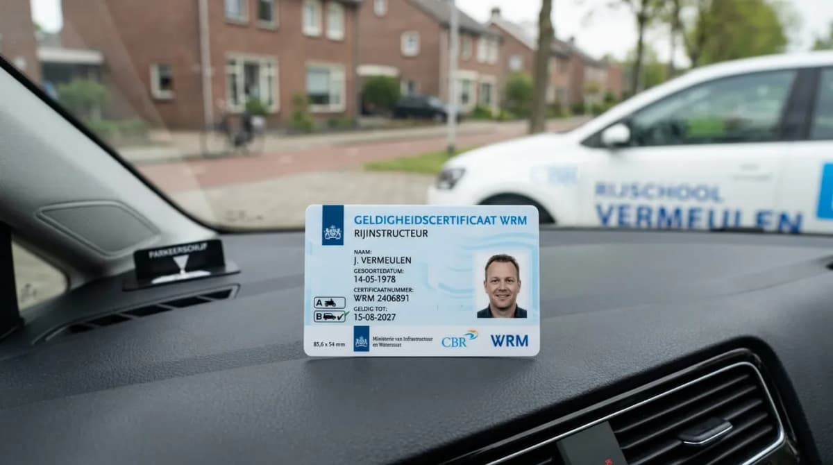 WRM-bevoegdheidspas van een rijinstructeur op het dashboard van een lesauto
